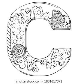 Letter C. Gingerbread Cookies in the form of letters. Cartoon vector font made in hand drawn line art style isolated on white background. Lettering logo template. Coloring book design.