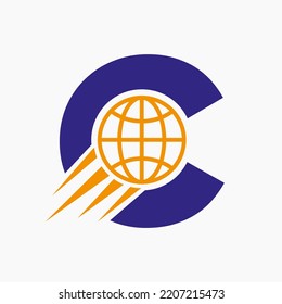 Letter C Global Logo Concept With Moving World Icon. Global Logotype Symbol Vector Template