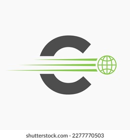 Letter C Global Logo Concept With Moving World Icon. Global Logotype Symbol Vector Template