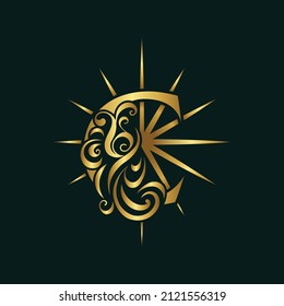 Letter C. Glowing Golden Monogram. Bright Star with Rays. Elegant Calligraphic Logo. Creative Art Design. Luxury Template for Brand Name, Business Card, Boutique, Restaurant, Club. Vector Illustration