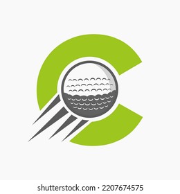 Letter C Golf Logo Concept With Moving Golf Ball Icon. Hockey Sports Logotype Symbol Vector Template