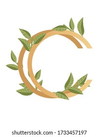 Letter C with gradient style beige color covered with green leaves eco font flat vector illustration isolated on white background