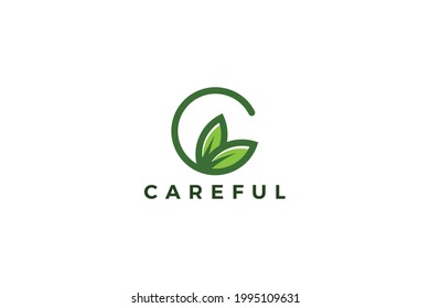 Letter C green color careful ecological logo with green leaf