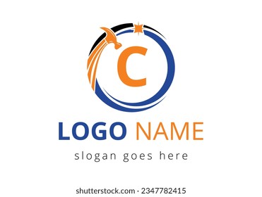 Letter C Hammer Logo Concept For Construction, Woodworking Company Repair Symbol Vector Template.  Modern vector logo for construction business, and company identity
