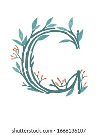 Letter C hand drawn tree branches with leaves and berries botanical flowers floral hand drawn scandinavian style art design element flat vector illustration