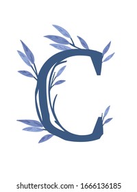 Letter C handgezeichnete Baumzweige mit Blättern botanische Blumen Blütenhandgezeichnet skandinavisches Kunstdesign-Element flache Vektorillustration Illustration