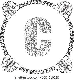 Letter C with Hand-drawn sketch vectors alphabet of tendrils for decorative, carvings and borders patterns. It can also use for ornaments, frames and logos, with Javanese ethnics in black and white