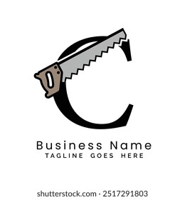 Letter C handsaw logo. Alphabet C woodwork and carpentry icon