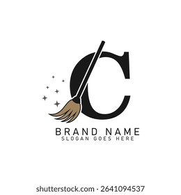 Letter C House Cleaning Broom Logo. Alphabet C Cleaning Brush Icon