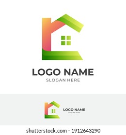 letter C house logo, letter C and house, combination logo with 3d orange and green color style