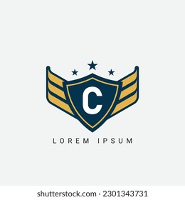 Letter C initial shield with wings logo design