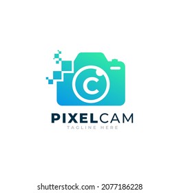 Letter C Inside Camera Photo Pixel Technology Logo Design Template