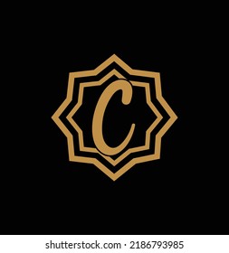 Letter C inside Gold star logo. Award 3d icon. Golden logotype template. Volume Vector illustration.