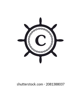 Letter C Inside Ship Steering Wheel and Circular Chain Icon for Nautical Logo Inspiration