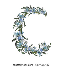 Letter C of irises branch. Vector illustration.