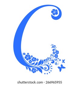Letter C isolated on white. Romantic letter of beautiful flowers. Floral Alphabet. Vector Illustration