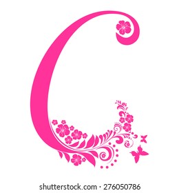 Letter C isolated on white. Romantic letter of beautiful flowers. Floral Alphabet. Vector Illustration