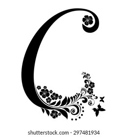 Letter C isolated on white. Romantic letter of beautiful flowers. Floral Alphabet. Vector Illustration