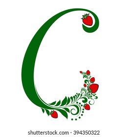 Letter C isolated on white. Romantic letter of beautiful strawberry. Floral Alphabet. Vector Illustration