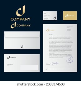 Letter C and letter J. Gold premium monogram. Gold letter J and C. Identity, corporate style, envelope, letterhead and business card.