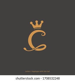 Letter C king logotype with lion tail and gold crown logo monogram unique icon symbol