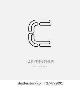 Letter C. Labyrinth vector logo template. Line art rebus, concept logotype icon