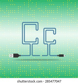 Letter C laid cable. USB blue cable, vector illustration. Background microchip