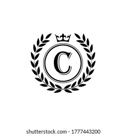 Letter C laurel wreath template logo Luxury letter with crown. Monogram alphabet . Beautiful royal initials letter.	