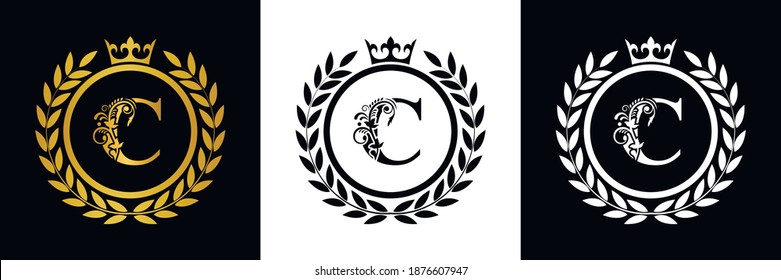 Letter C laurel wreath template logo Luxury gold letter with crown. Monogram alphabet . Beautiful royal initials letter.	