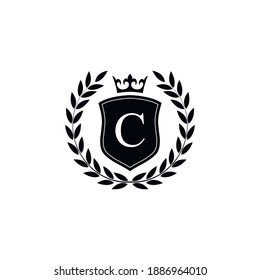  Letter C laurel Kranz Template Logo Luxury Schild mit Krone. Monogramm-Alphabet. Schöner königlicher Initialbrief.