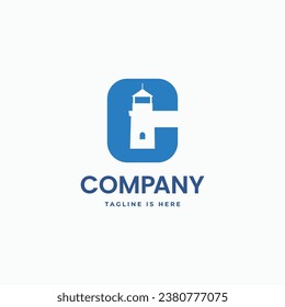 Letter C with lighthouse tower negative space stylish logo design vector icon illustration
