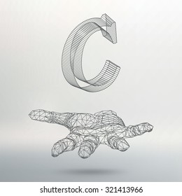 the letter C, of lines and dots on the arm. The hand holding letter of the lines connected to points. Molecular lattice. The structural grid of polygons. White background. The facility is located on a