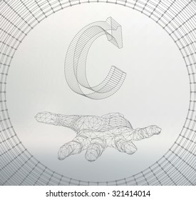 the letter C, of lines and dots on the arm. The hand holding letter of the lines connected to points. Molecular lattice. The structural grid of polygons. White background. The facility is located on a