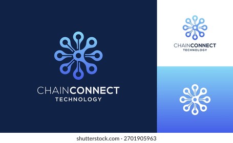 Letter C with link chain and circular molecule rotation technology, vector logo design inspiration.	
