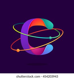 Letter C logo with atoms orbits lines. Bright vector design for science, biology, physics, chemistry company.