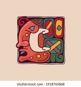 Letter C logo in Aztec, Mayan or Incas style. Native American symbol with warrior or god face. Perfect for ethnic labels, sport emblem, tattoo design and tribal identity, etc.