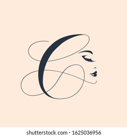 Letter C logo with beautiful woman portrait.Beauty salon, hair, makeup and cosmetics vector icon isolated on light background.Calligraphic elegant shape.Luxury, feminine style.