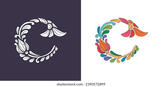 Letter C logo with botanical and flower pattern. Traditional leaves and curved lines embroidery ornament. Icon for wedding ceremony, vintage greeting cards, birthday identity and party invitations.