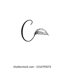 Letter C logo. Calligraphic icon with natural leaf element. Alphabet initial for cosmetics, food, health, pharmacy, drugstore, organic & ecologic lifestyle. Decorative character hand drawn lettermark.