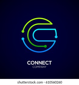 Letter C logo, Circle shape symbol, green and blue color, Technology and digital abstract dot connection