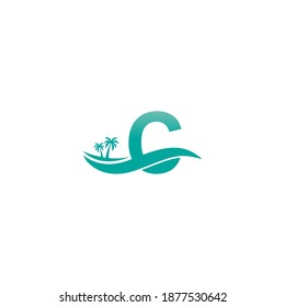 Letter C logo  coconut tree and water wave icon design vector