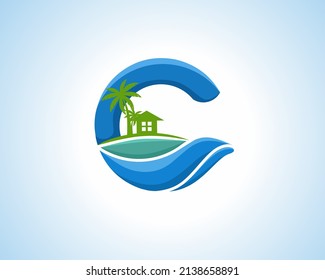 the letter c logo is combined with the beach atmosphere