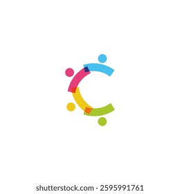 letter C logo with community of people in colorful flat template vector design style