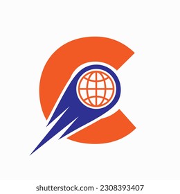 Concepto de logotipo de letra C con plantilla de vector de iconos mundiales 