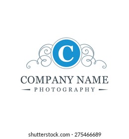 Letter c logo , creative Blue symbol floral emblem , Elegant calligraphic ornament line art monogram logo design for photographer , Fashion & wedding photography logo design . vector illustration