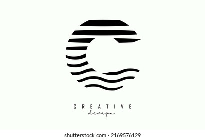 Diseño del logotipo de la letra C con líneas rectas negras y zag en zig. Ilustración vectorial con líneas onduladas.