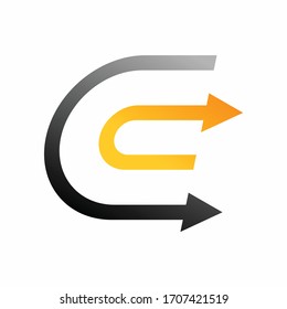 Letter C logo design with a combination of arrows at the end of the section
