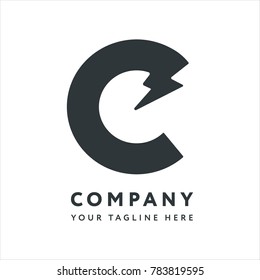 Letter C Logo Design Emblem Template. Creative Energy Electricity Concept Electronics Flash Lightning Bolt.