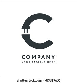 Letter C Logo Design Emblem Template. Creative Electronics Electricity Plug Cord Concept.