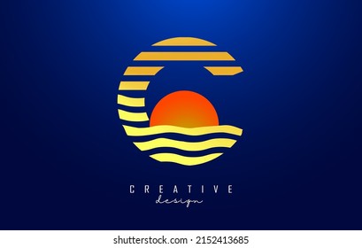 Letter C logo design with golden straight and zig zag lines. Vector illustration with wavy and sunset color lines and half circle.